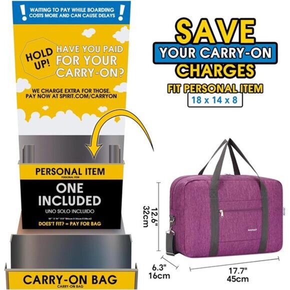 For Spirit Airlines Personal Item Bag 18x14x8 Foldable Travel Duffel Bag Tote - Picture 2 of 8